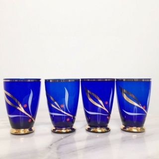 Bohemian Cobalt Blue Glass Gold Decanter Cordial Glasses Vintage Set 3