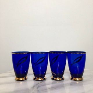 Bohemian Cobalt Blue Glass Gold Decanter Cordial Glasses Vintage Set 4
