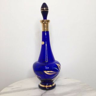 Bohemian Cobalt Blue Glass Gold Decanter Cordial Glasses Vintage Set 5