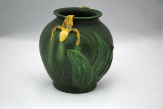 Ephraim Faience Art Pottery Vase Matte Green W/ Yellow Orchid 5.  75 Inch Vase