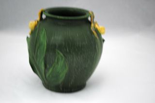 Ephraim Faience Art Pottery Vase Matte Green w/ Yellow Orchid 5.  75 inch Vase 2