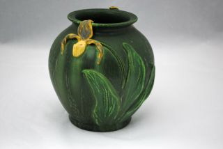 Ephraim Faience Art Pottery Vase Matte Green w/ Yellow Orchid 5.  75 inch Vase 3