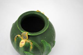 Ephraim Faience Art Pottery Vase Matte Green w/ Yellow Orchid 5.  75 inch Vase 4