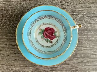 Paragon Cup And Saucer With Rose In Center - Robin Blue With Gold Overlay