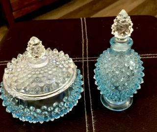 Vintage Fenton Glass Hobnail Blue Vanity Set 4 Pc Perfume & Powder Jar