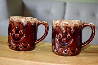 2 Piece Gingerbread Face Vintage Hull Usa Oven - Proof Brown Drip Glaze Mugs