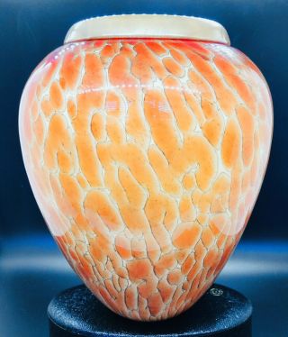 Michael Cohn Molly Stone Signed Art Glass Tortoise Shell Urn Vase - 9”