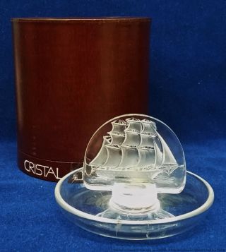 Vintage Cristal Lalique France French Art Glass Frosted Ship Ring Tray W Box