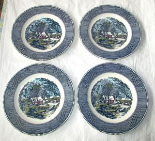 Royal China Currier & Ives “old Grist Mill” 4 Dinner Plates Blue & Multicolor