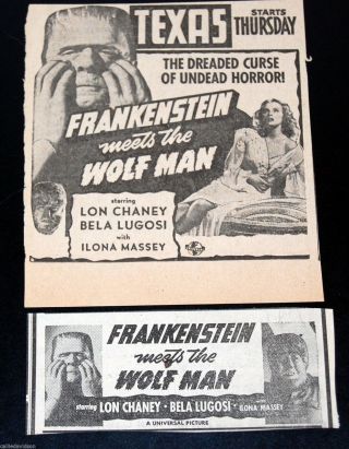 Vintage Frankenstein Meets The Wolf Man Universal Horror 2pc Ad Chaney Lugosi