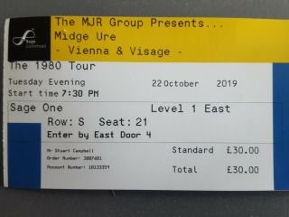 Midge Ure Vienna And Visage Tickets,  Sage Gateshead.  Two tickets. 2