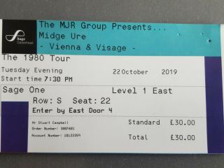Midge Ure Vienna And Visage Tickets,  Sage Gateshead.  Two tickets. 3
