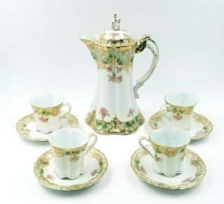 Antique Nippon Chocolate Pot W/4 Cups & Saucers Pink Green Floral Heavy Gold