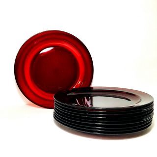 Set Of 10 Vtg Arcoroc France Ruby Red Glass Dinner Plates 9 3/8” Luminarc Dishes