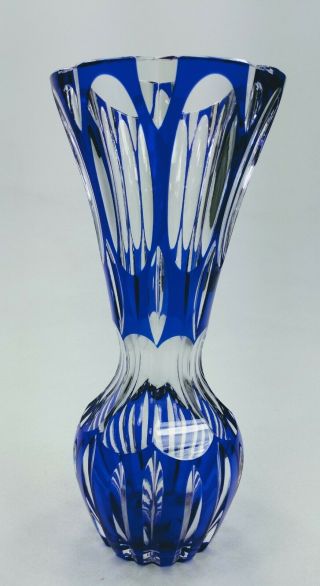 Vintage Czech Bohemian Cobalt Blue Cut To Clear Crystal Glass Vase Fabulous