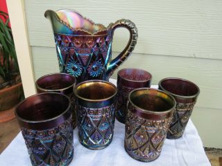 Carnival Glass Imperial Purple Amethyst " Diamond Lace " Pitcher & 6 Tumblers Set