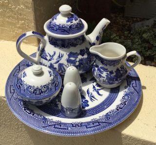 Fine English Staffordshire Churchill Blue Willow Tea Set Complete W Tray
