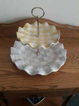 2002 Mackenzie Childs Yellow & Blue Checker Two Tiered Tray H16