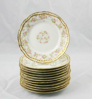 12 Theodore Haviland Limoges Bread Plates Schleiger 844 Pink Rose Double Gold