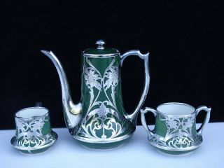 Antique Lenox American Belleek Art Nouveau Silver Overlay Tea Set