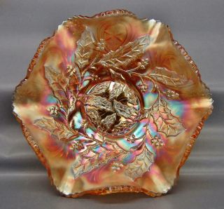 Millersburg Holly (whirl) Marigold Carnival Glass Ruffled 10 " Bowl 6953