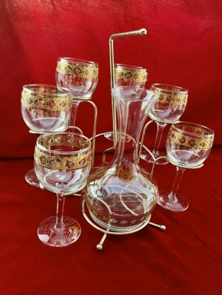 Vintage Culver Valencia Mid Century 22k Gold Green Diamond Wine Glasses/decanter