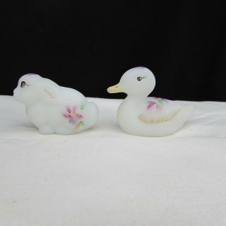 Fenton Opal Satin Hand Painted Miniature Bunny And Duck Set W2196