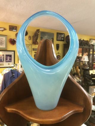 Fratelli Toso Murano Opalino Opalescent Light Blue Art Glass Handled Basket Vase 2