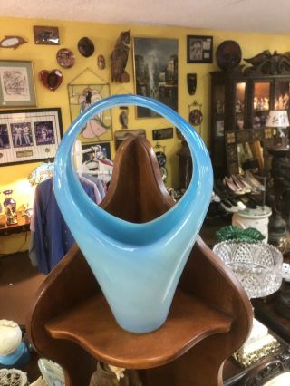 Fratelli Toso Murano Opalino Opalescent Light Blue Art Glass Handled Basket Vase 3