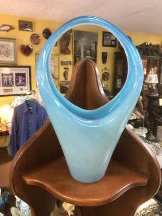 Fratelli Toso Murano Opalino Opalescent Light Blue Art Glass Handled Basket Vase 4