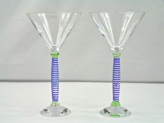 Salviati Art Glass " Stringa " Blue & Green Tall Martini Glass 2 Pc Set 8.  5 " T Nmc