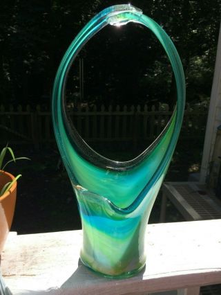 Vintage Seguso Murano Swung Art Glass Basket Vase Blue/green 14 " T Pontil 1960s