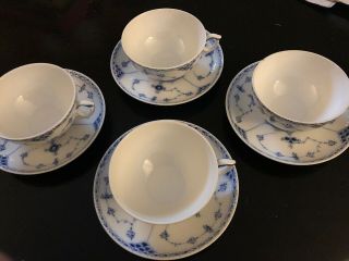 - 4 - Royal Copenhagen - Blue Fluted Half Lace Tea Cups & Saucers 656