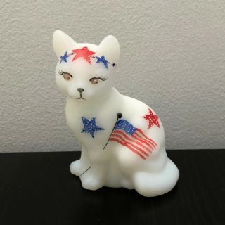 Fenton Opal Satin Hand Painted Us Flag Stars Patriotic Sitting Cat Figurine