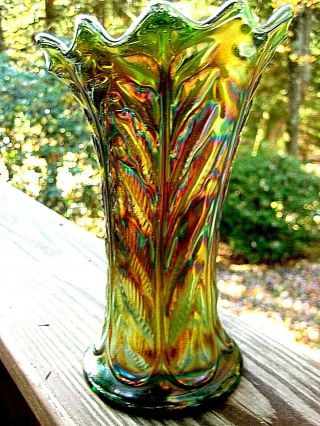 Antique Northwood Carnival Glass Leaf Columns Squatty Vase 7 " Tall