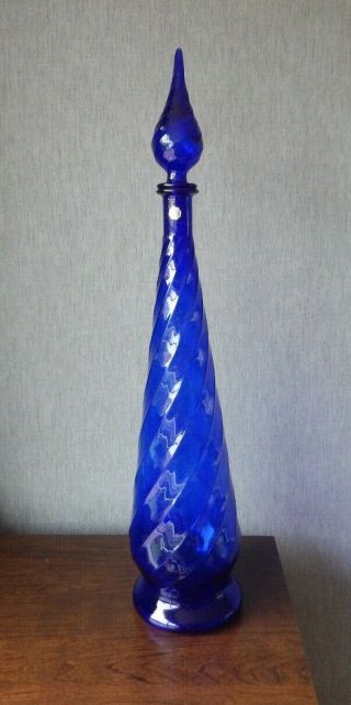 Vintage Italian Empoli Blue Rippled Glass Genie Bottle - 65cm Tall
