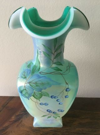 Fenton Art Glass Green Aqua Iridescent Hand Painted Blue Berries Vase Signed 8 "
