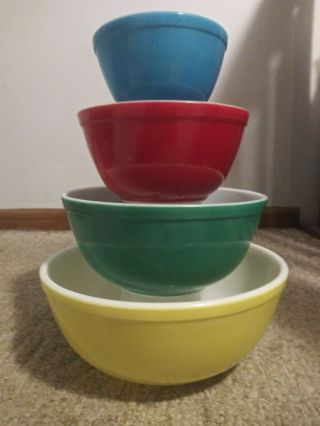 Vintage Pyrex 1940s Primary Colors Nesting Mixing Bowls Set 404,  403,  402,  401