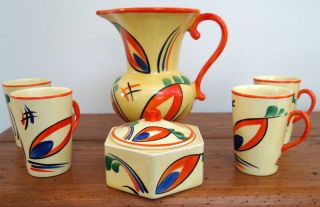 Czech Art Deco Pottery Set - Pitcher,  Small Bowl,  And 4 Cups