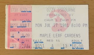 1981 Ozzy Osbourne Toronto Concert Ticket Blizzard Of Ozz Tour With Randy Rhoads