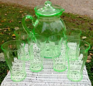 Vintage Green Depression Glass Pitcher W/cover & 6 Matching Glasses