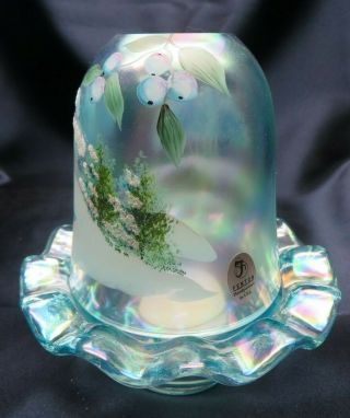 Fenton Glass Blue Fairy Lamp Hand Painted Winter Scene - Berry,  Pine Trees,  Snow