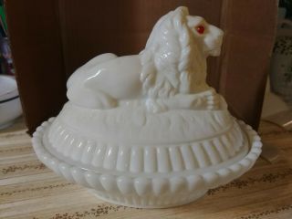 Antique Milk Glass Red Eyed Lion Covered Dish