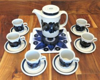 Vtg Arabia Finland Anemone Blue Chocolate/coffee Set Pot 6 Cups/saucers L