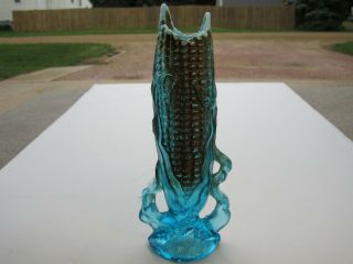 Antique Circa 1905 Dugan Blue Opalescent Glass W/ Goofus Treatment Corn Vase