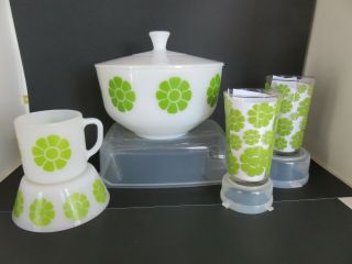 Vintage Federal Green Daisy 8 In Covered Bowl Mug Chili Bowl 2 Glasses All Daisy