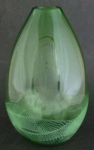 Frost Art Glass Blown Vase Green White Filigree Signed Ooak Hand Made