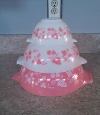 3 Vintage Pink White Pyrex Gooseberry Cinderella Nesting Bowls 441 443 & 444