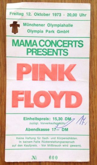 Pink Floyd.  Vintage Ticket Munich 1973 Led Zeppelin Jimi Hendrix Roger Waters