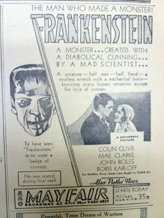 1931 Newspaper W Ad Premiere Of Frankenstein Movie Starring Boris Karloff Photo